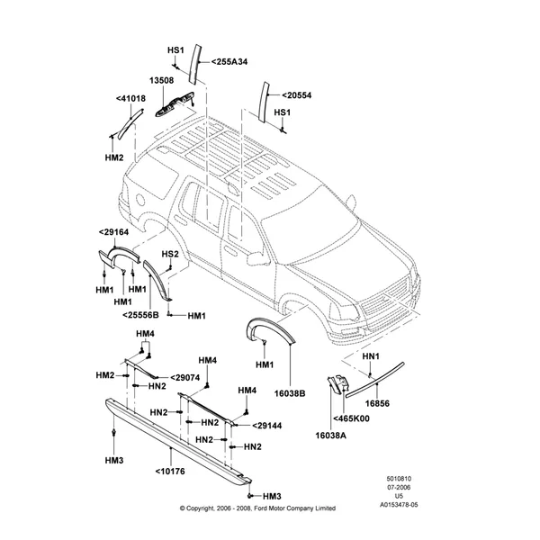 10M - Body Mouldings, Ford Series, Less Ironman Version Package, Less XLT Appearance Package, XLT; 07/AUG/2006-13/AUG/2008