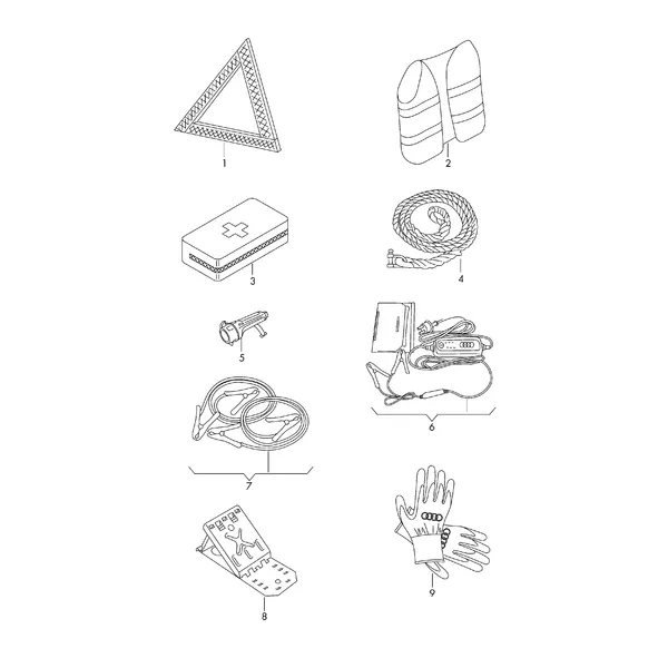 Оригинальные аксессуары Знак аварийной остановки Аварийный жилет Аптечка Буксировочный трос Карманный фонарь Зарядное устройство для АКБ Провод запуск