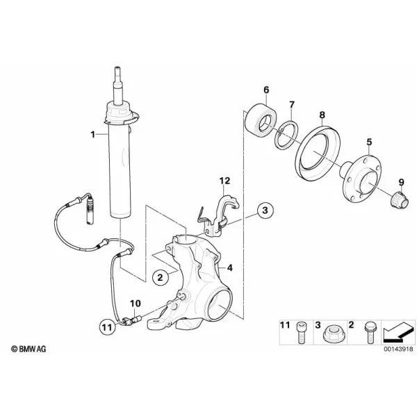Передняя амортизационная стойка, поворотная опора и ступица колеса
