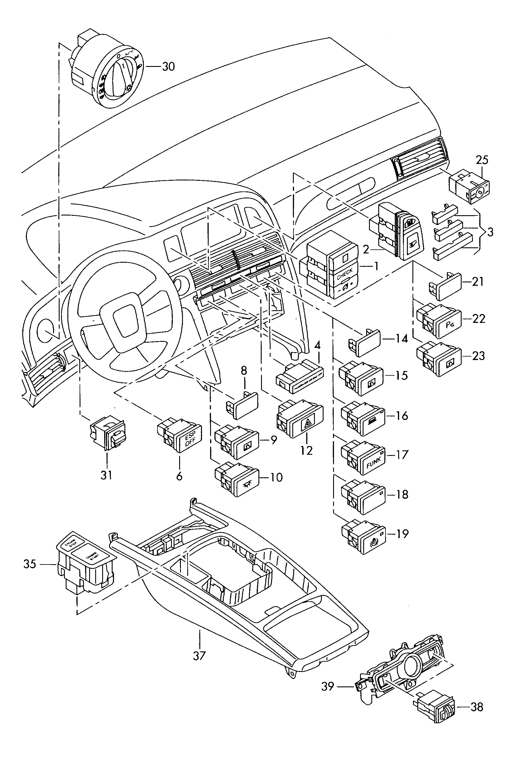 Выключатель в панели приборов Выключатель фар Выключатель в централ. консоли