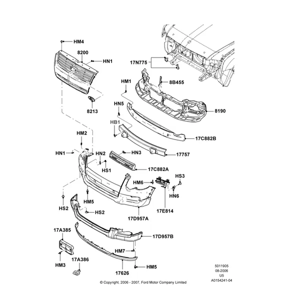 05J - Radiator Grille and Front Bumper, Ford Series, XLT, Less XLT App/Ironman Packages; 07/AUG/2006-25/JUN/2007
