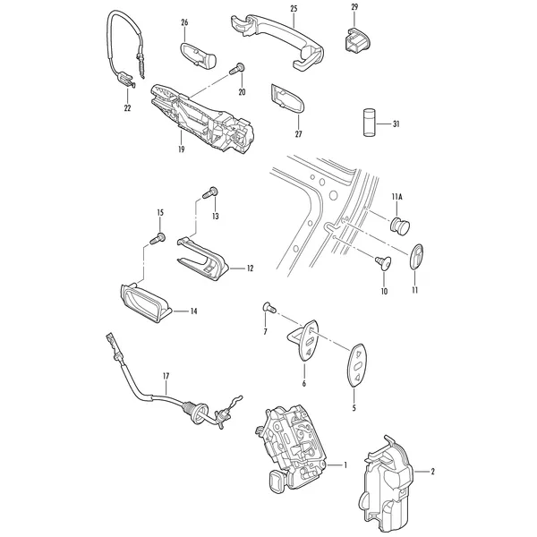 Замок двери Внутр. ручка двери Ручка двери, наружная