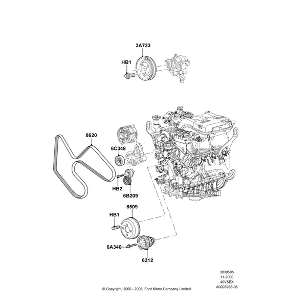 05B - Pulleys and Drive Belts, 4.0L V6 12V SOHC EFI; 13/NOV/2000-16/DEC/2010
