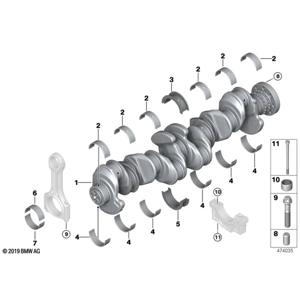 Коленчатый вал с вкладышами подшипников