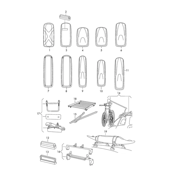 Оригинальные аксессуары Багажник на крышу (бокс) Крепление лыж и сноуборда Крепление для велосипедов *функция 'FI' невозможна