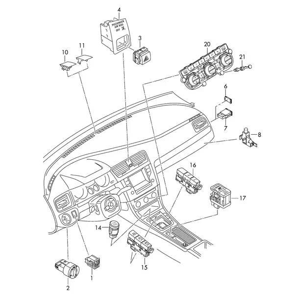 Выключатель освещения Выключатель в панели приборов Выключатель в централ. консоли БУ климатической установки Датчик интенс. солн. излуч.