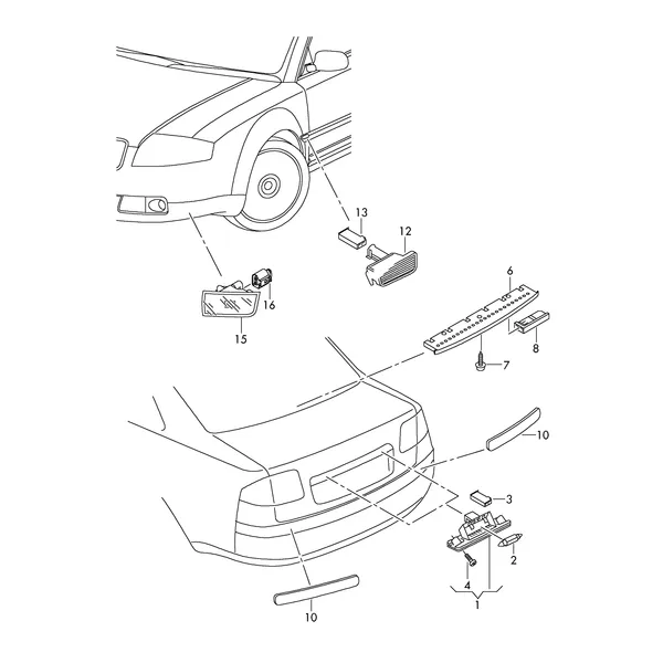 Плафон освещ. номерного знака Верхний стоп-сигнал Фонарь указателя поворота Боковой габаритный огонь