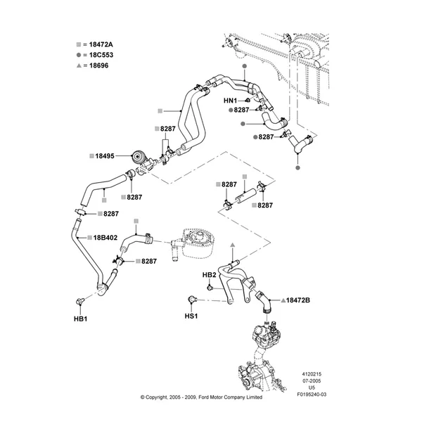 15J - Heater Hoses, All 6 Cylinder Gas Engines, Less Aux Overhead Heater And A/C, With Engine Oil Cooler; 19/JUL/2005-16/DEC/2010