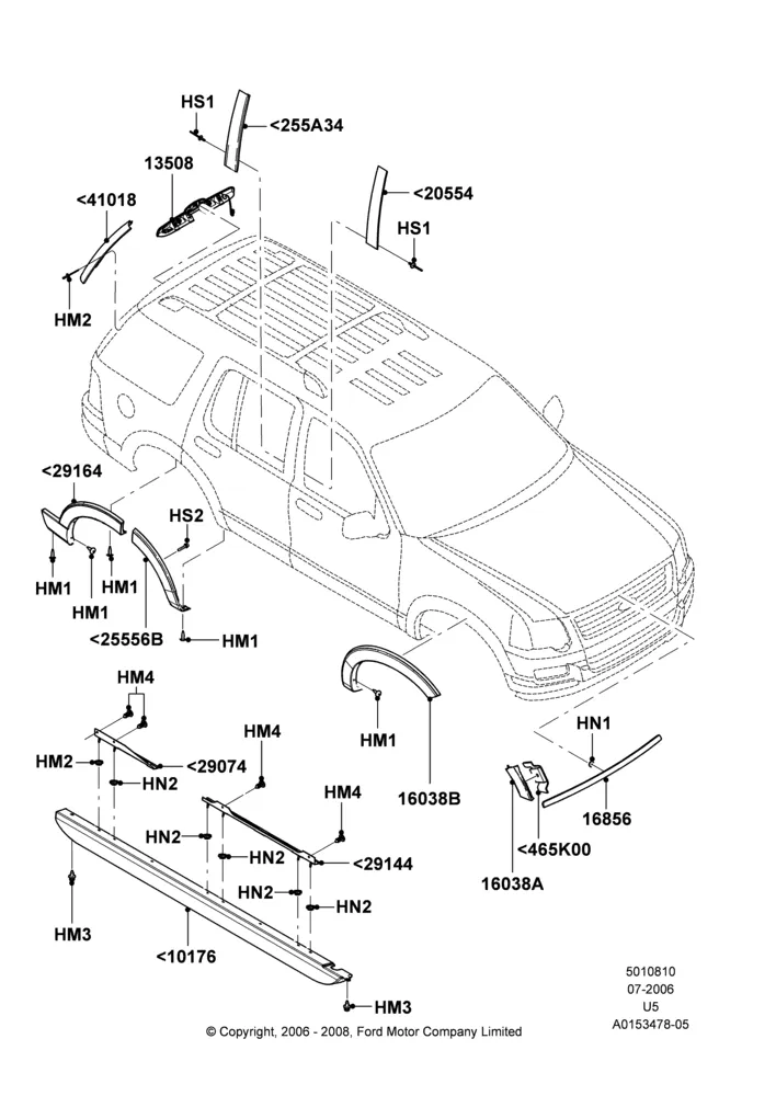 10M - Body Mouldings, Ford Series, Less Ironman Version Package, Less XLT Appearance Package, XLT; 07/AUG/2006-13/AUG/2008