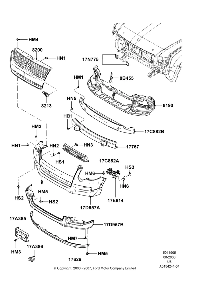 05J - Radiator Grille and Front Bumper, Ford Series, XLT, Less XLT App/Ironman Packages; 07/AUG/2006-25/JUN/2007