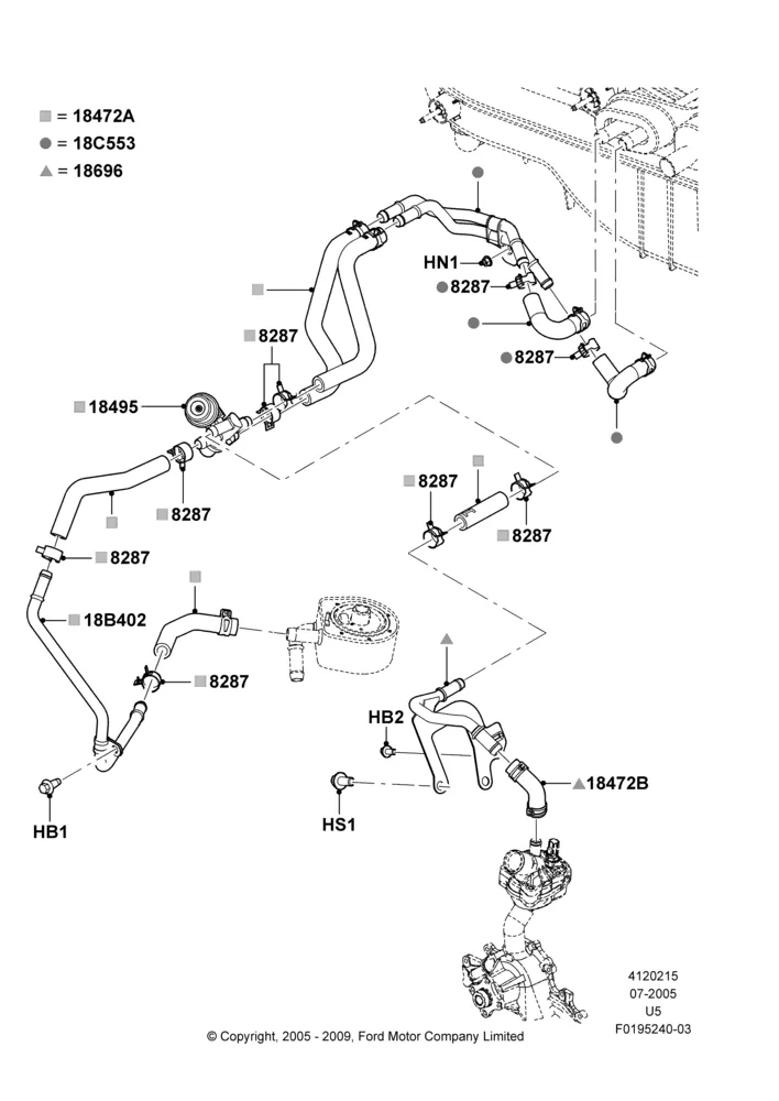 15J - Heater Hoses, All 6 Cylinder Gas Engines, Less Aux Overhead Heater And A/C, With Engine Oil Cooler; 19/JUL/2005-16/DEC/2010