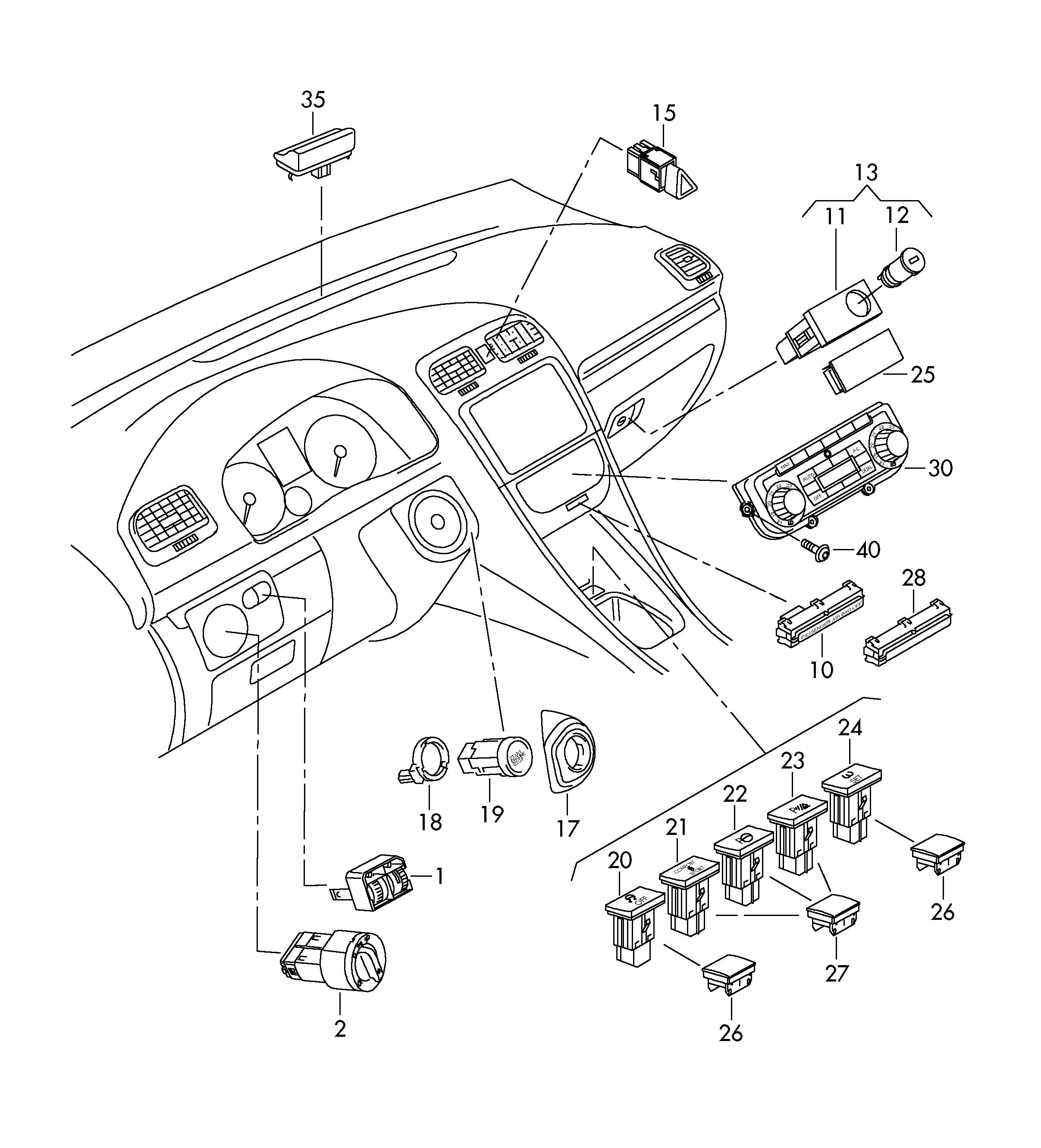 Выключатель освещения Выключатель в панели приборов Выключатель в централ. консоли БУ климатической установки