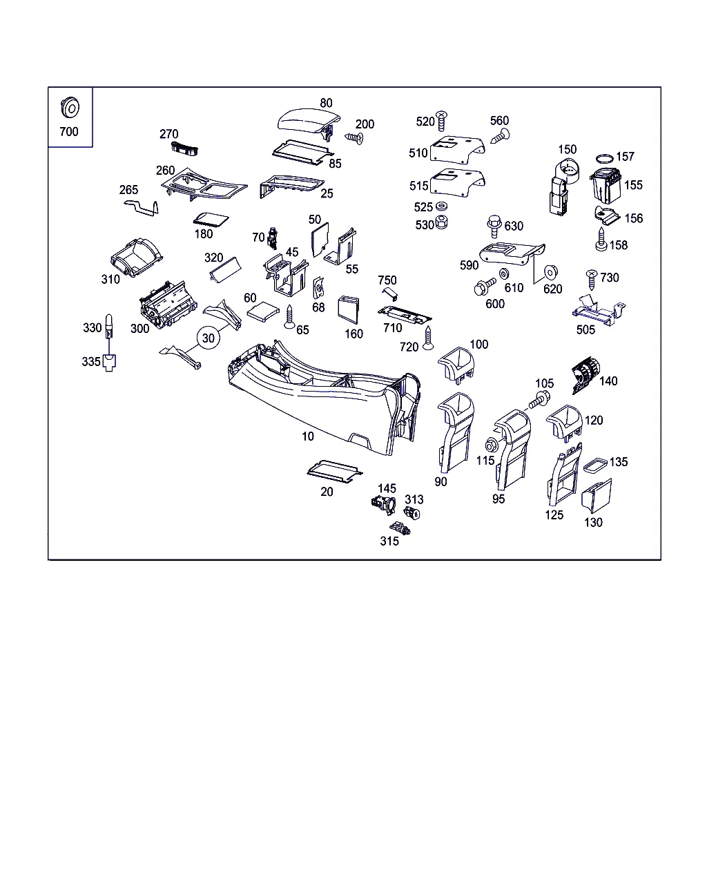 КОРПУС С ПОДДОНОМ ВЕЩЕВОГО ОТСЕКА, ПОДЛОКОТНИК И ПЕПЕЛЬНИЦА