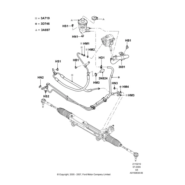 10F - Supply & Return Hoses - Power Strg, 4.0L V6 12V SOHC EFI; 19/JUL/2005-03/DEC/2007