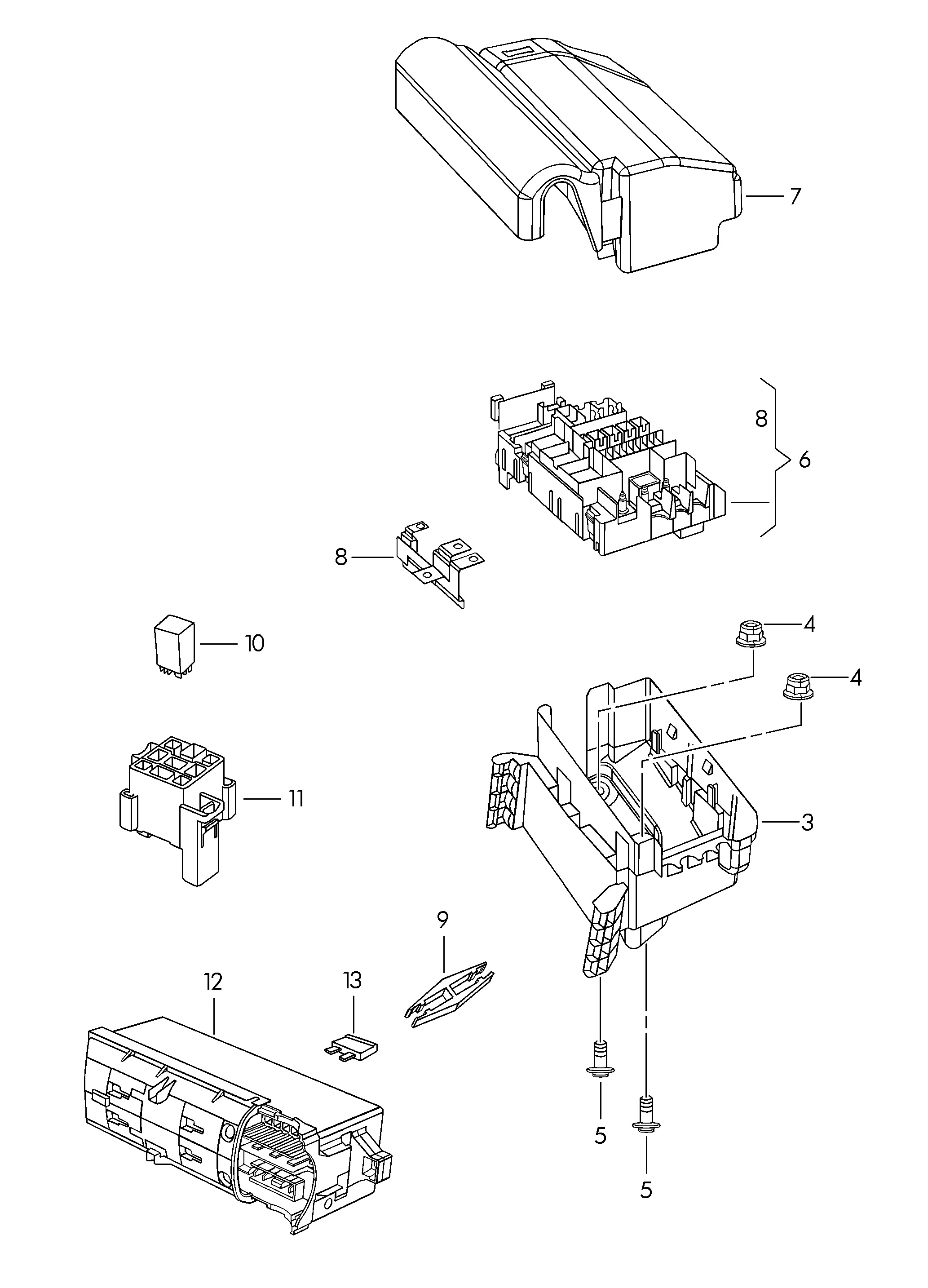 Центральный блок электрообор. Многоконтактный предохранитель Ножевой предохранитель Реле