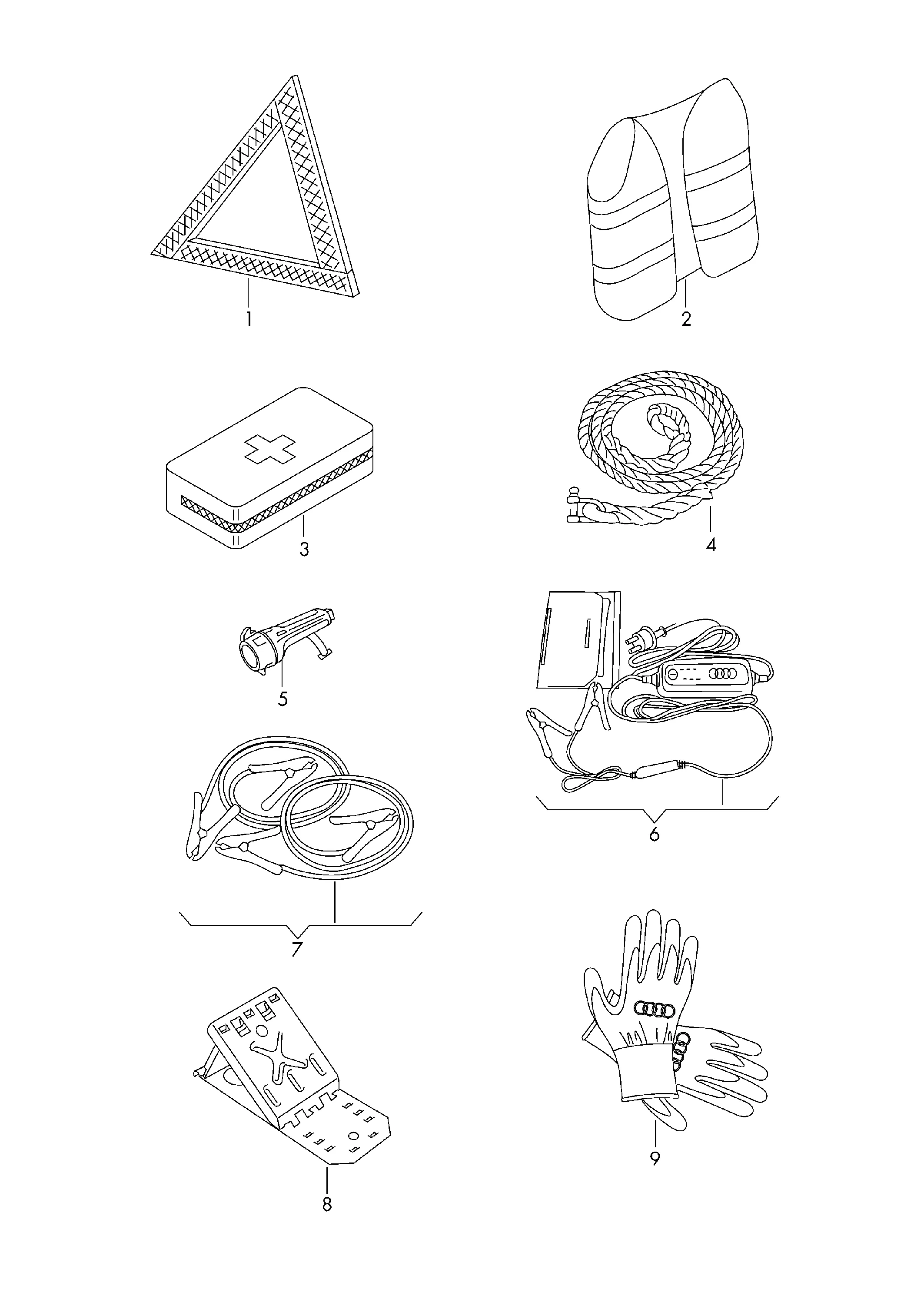 Оригинальные аксессуары Знак аварийной остановки Аварийный жилет Аптечка Буксировочный трос Карманный фонарь Зарядное устройство для АКБ Провод запуск