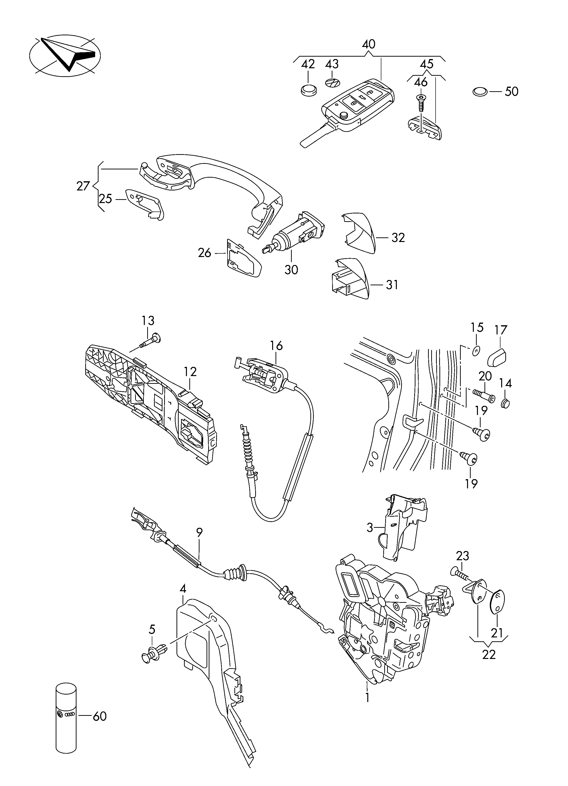 Замок двери Внутр. ручка двери Ручка двери, наружная Ключ К-т личинок замков