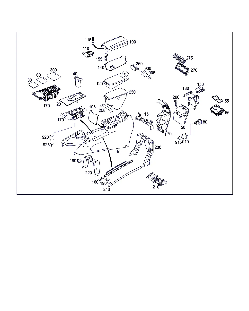 КОРПУС С ПОДДОНОМ ВЕЩЕВОГО ОТСЕКА, ПОДЛОКОТНИК И ПЕПЕЛЬНИЦА